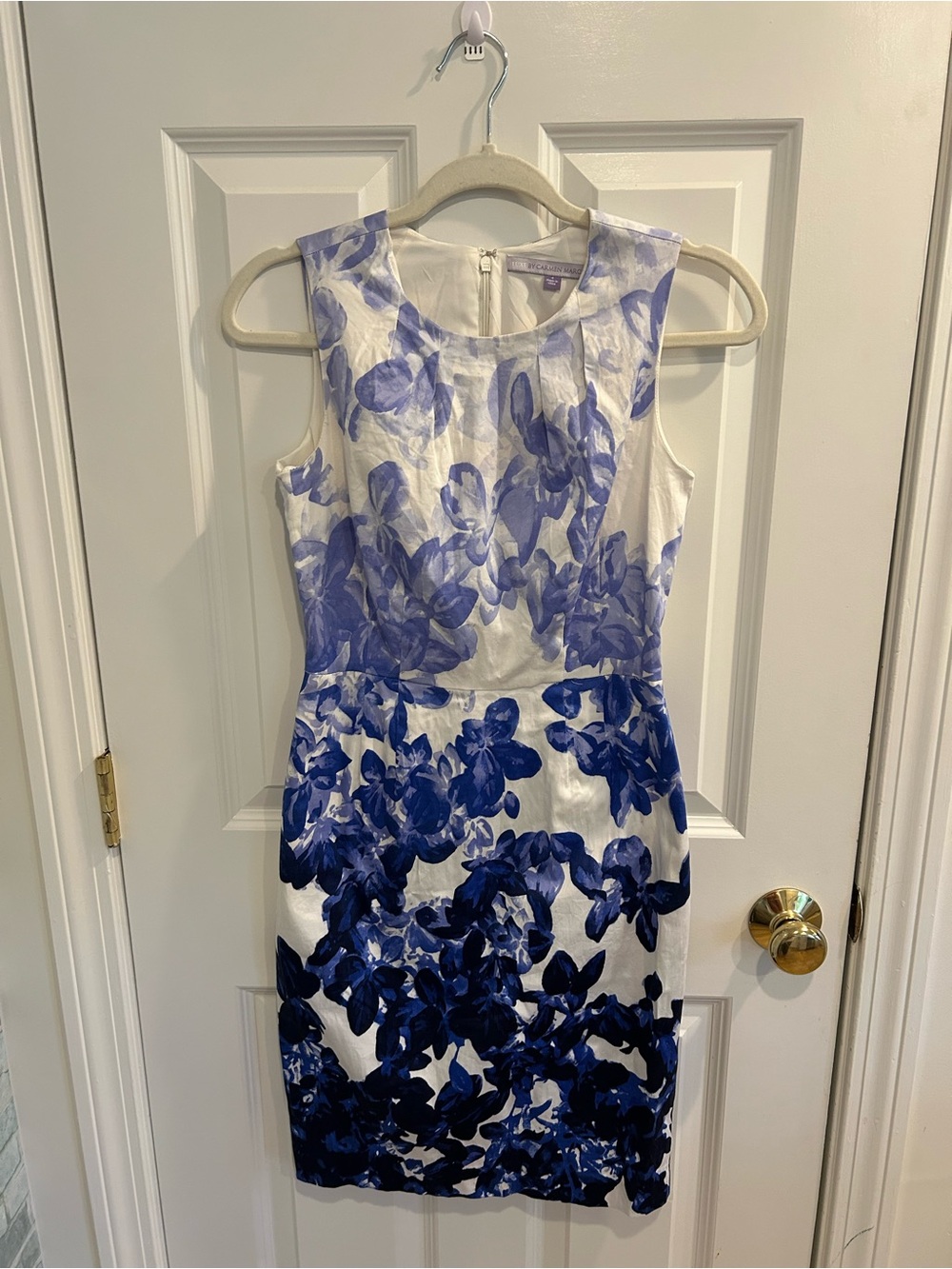 Carmen Marc Valvo White Midi Dress with Blue Floral Print